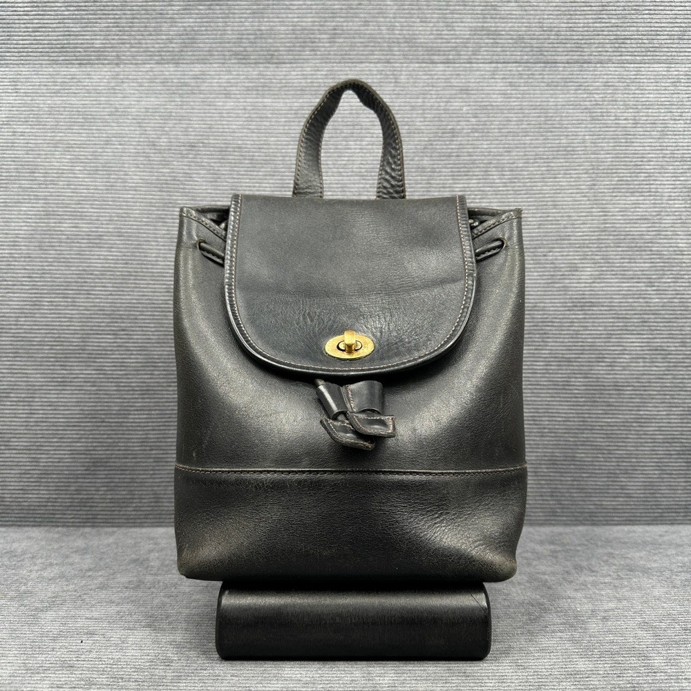 Vintage Black Leather Mini Backpack 9943 Drawstring Turnlock Korea